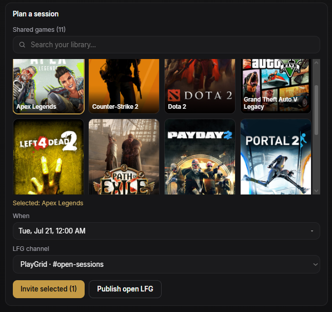 PlayGrid Discord Activity Plan a session: shared games grid, when, LFG channel, Invite and Publish LFG