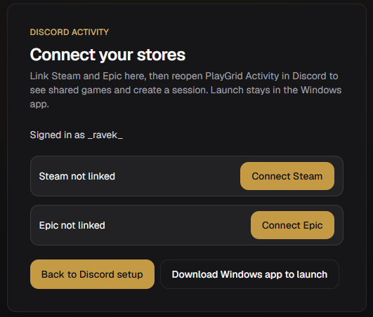 Connect Steam and Epic stores for PlayGrid from the browser