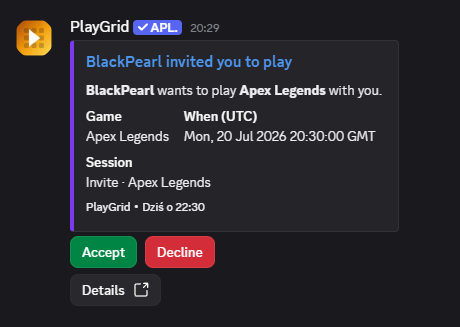 PlayGrid Discord DM invite for Apex Legends with Accept, Decline, and Details